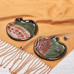 Pair of Glazed Ceramic Pomegranate Catchalls in Green - Vibrant Green Pomegranate | NOVICA