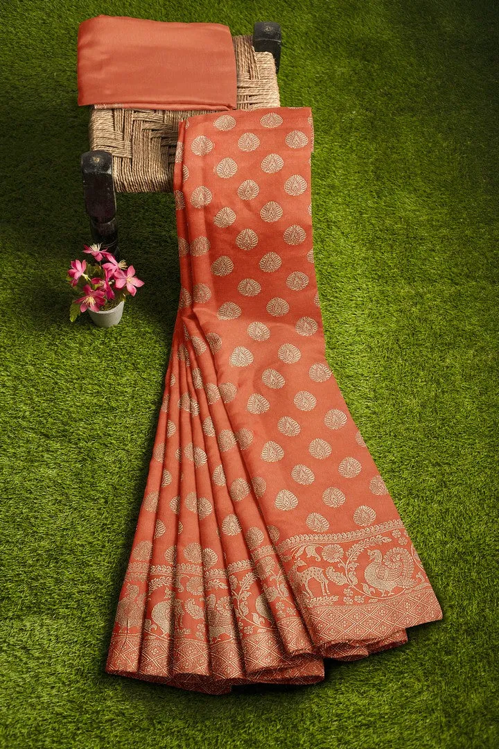 Peach Color Banarasi Silk Saree with Floral Motif 