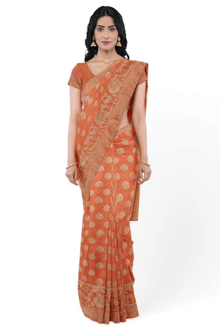 Peach Color Banarasi Silk Saree with Floral Motif 