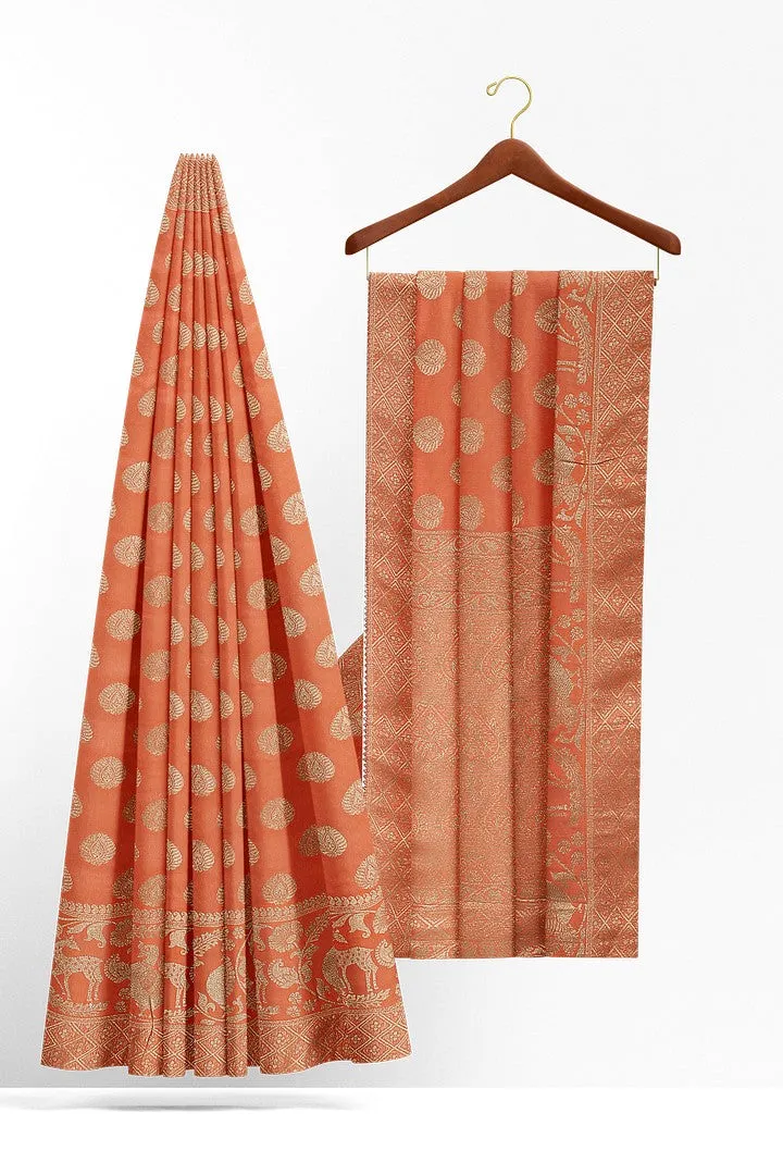Peach Color Banarasi Silk Saree with Floral Motif 