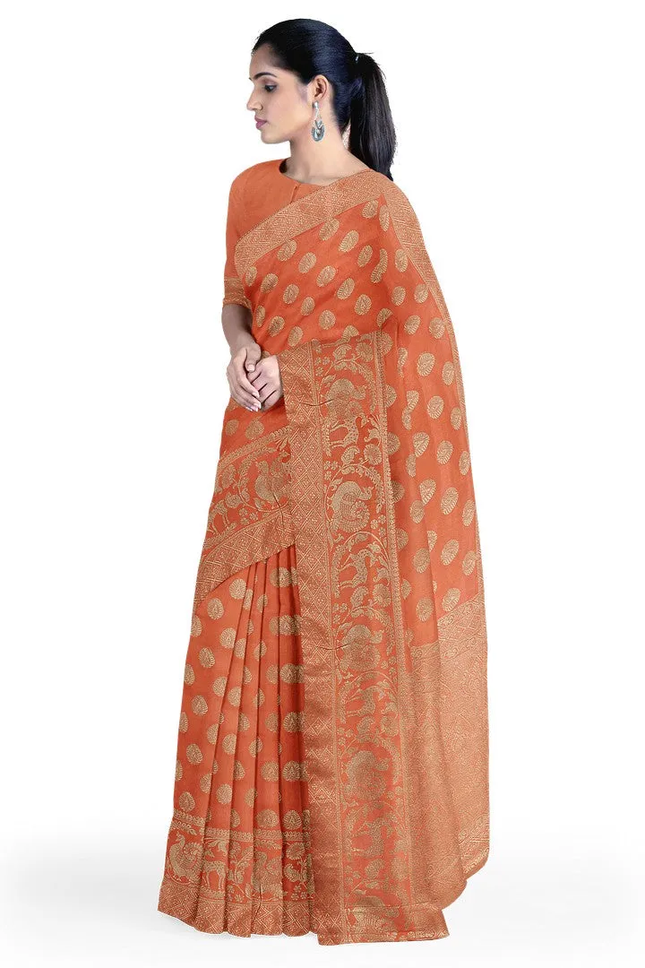 Peach Color Banarasi Silk Saree with Floral Motif 