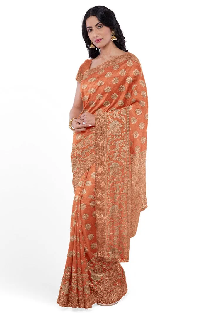 Peach Color Banarasi Silk Saree with Floral Motif 