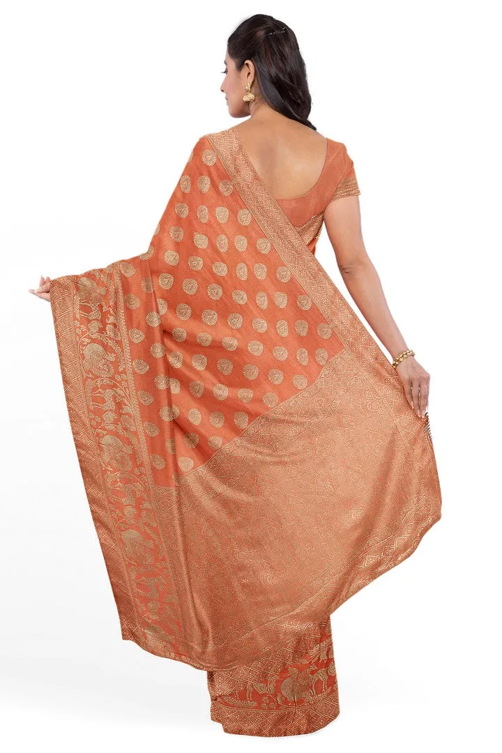 Peach Color Banarasi Silk Saree with Floral Motif 