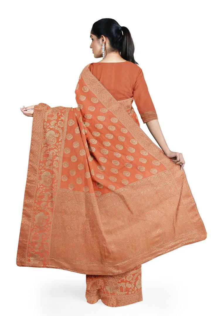 Peach Color Banarasi Silk Saree with Floral Motif 