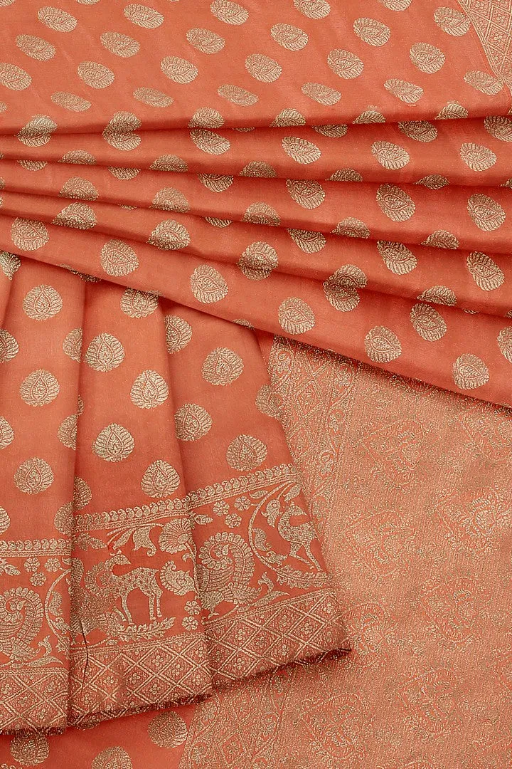 Peach Color Banarasi Silk Saree with Floral Motif 