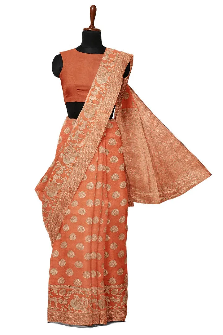 Peach Color Banarasi Silk Saree with Floral Motif 