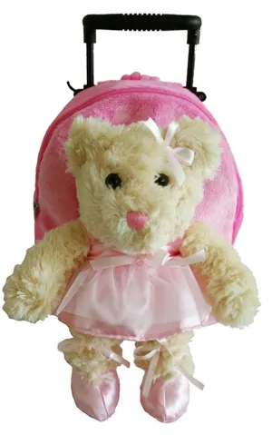 Popatu Kid's Pink Rolling Backpack with Ballet Bear Removable Plush