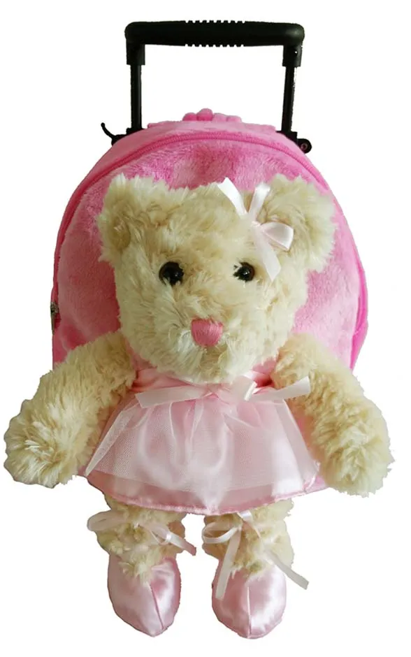 Popatu Kid's Pink Rolling Backpack with Ballet Bear Removable Plush