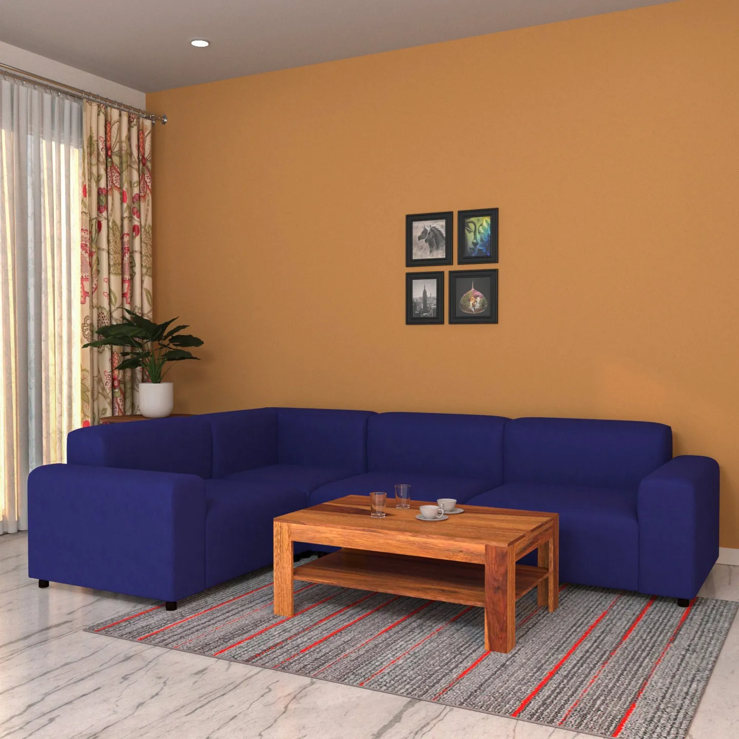 Premium Royal Blue Pastel Coloured Comfort Long L Shaped 4 Seater Sofa for Home
