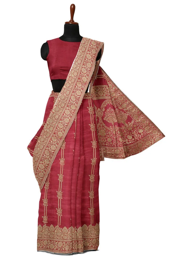 Red Color Banarasi Silk Saree with Beautiful Floral Motif