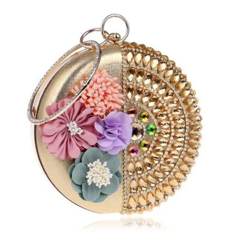 Round Women Rhinestones Beaded  Clutch Flower Diamonds Lady Evening Bag