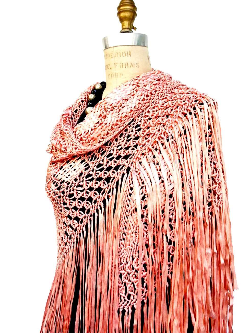 Silk Macrame Triangle Shawl Pink