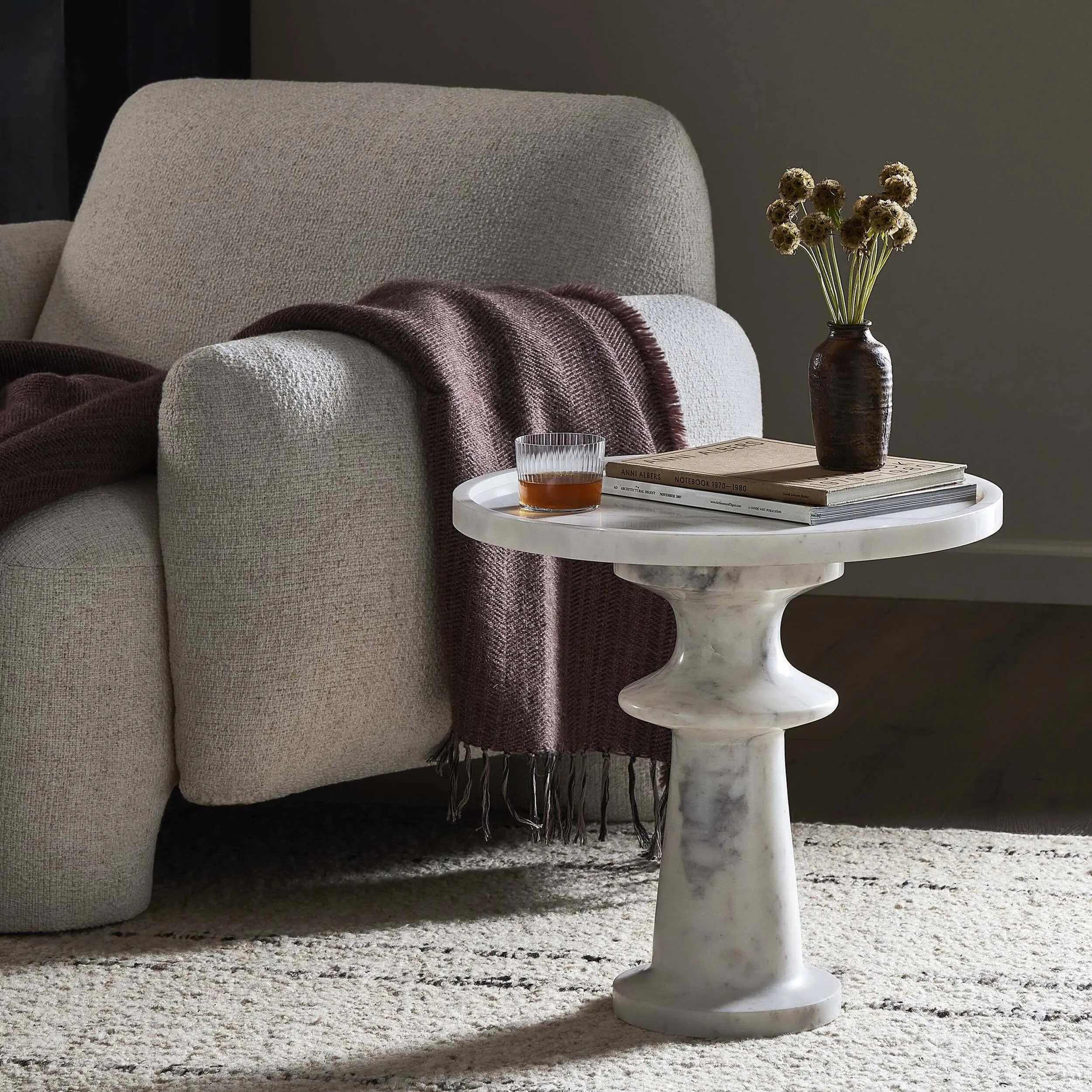 Skylar End Table, Polished White Marble