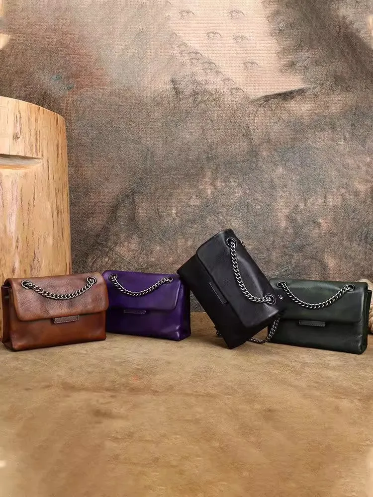 Small Ladies Leather Square Green Shoulder Bag Chain Crossbody Bag