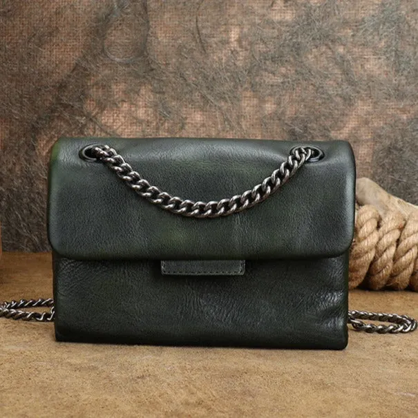Small Ladies Leather Square Green Shoulder Bag Chain Crossbody Bag
