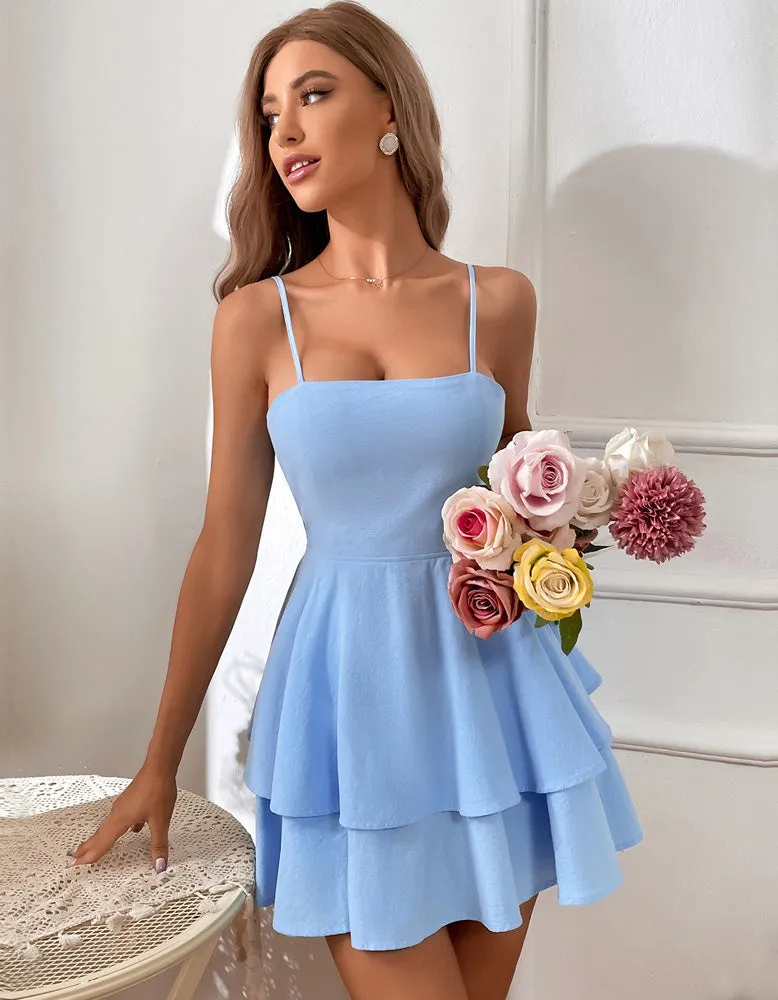 Solid-color Strap Backless Bow Tie-Back Short Dresses