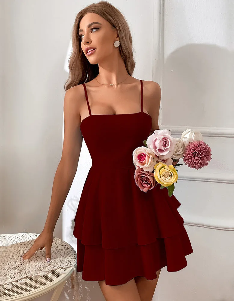 Solid-color Strap Backless Bow Tie-Back Short Dresses