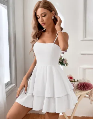 Solid-color Strap Backless Bow Tie-Back Short Dresses