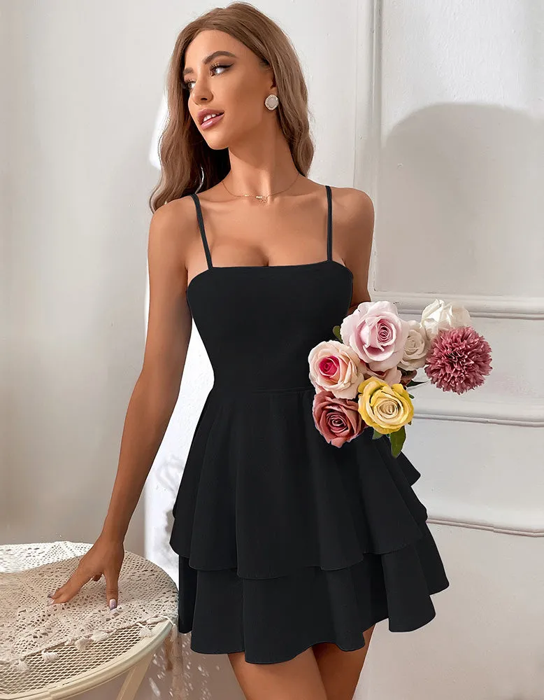Solid-color Strap Backless Bow Tie-Back Short Dresses