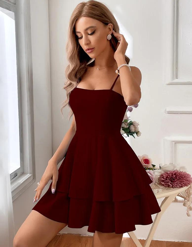 Solid-color Strap Backless Bow Tie-Back Short Dresses