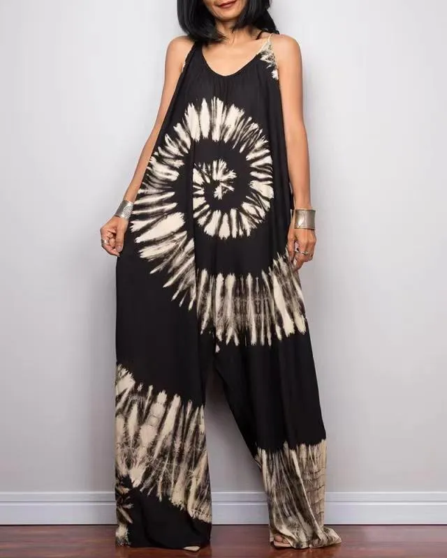 Tie-dye Printed Wide-leg Lace-up Loose Jumpsuit