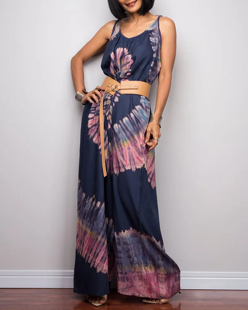 Tie-dye Printed Wide-leg Lace-up Loose Jumpsuit