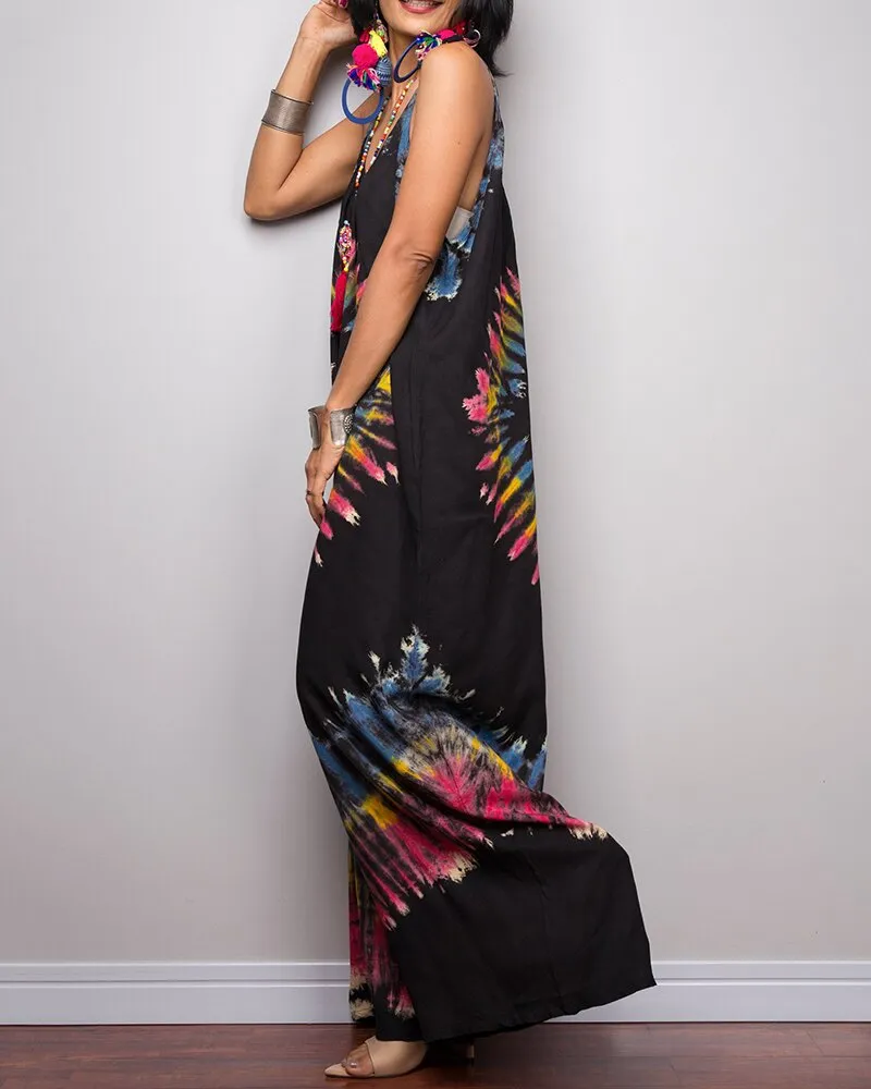 Tie-dye Printed Wide-leg Lace-up Loose Jumpsuit