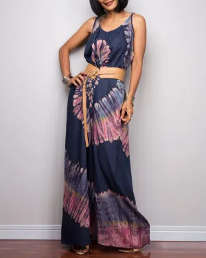 Tie-dye Printed Wide-leg Lace-up Loose Jumpsuit