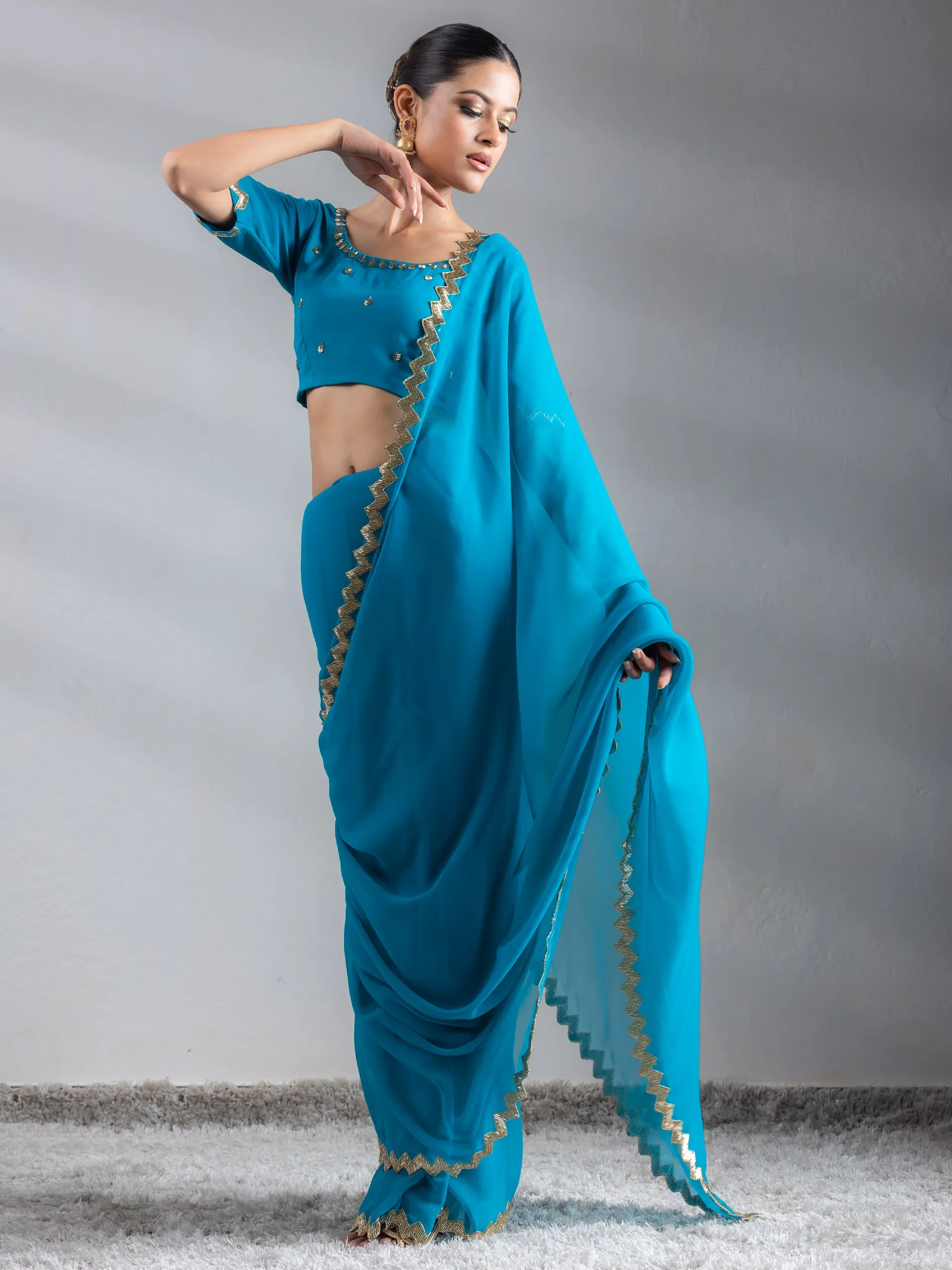 Turquoise Sequin Georgette Saree with Blouse Fabric