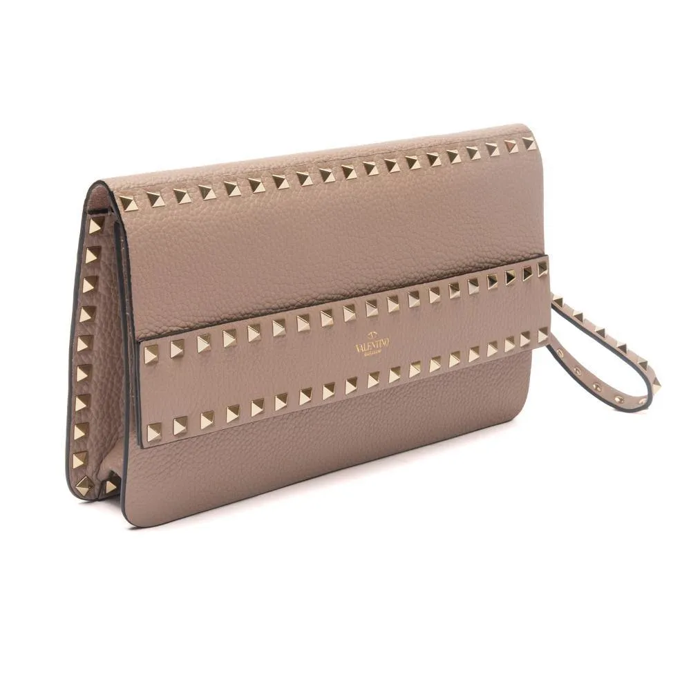 Valentino Poudre Beige Grainy Calfskin Leather Rockstud Clutch Bag