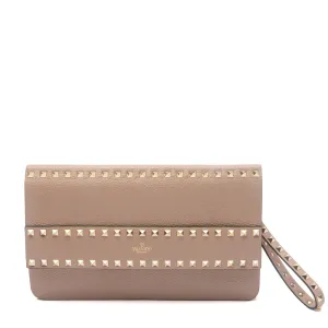 Valentino Poudre Beige Grainy Calfskin Leather Rockstud Clutch Bag