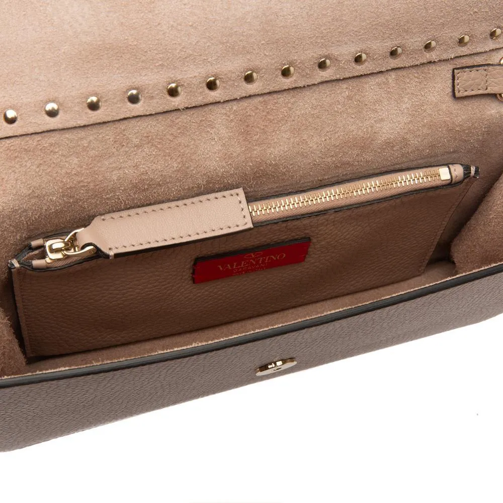 Valentino Poudre Beige Grainy Calfskin Leather Rockstud Clutch Bag