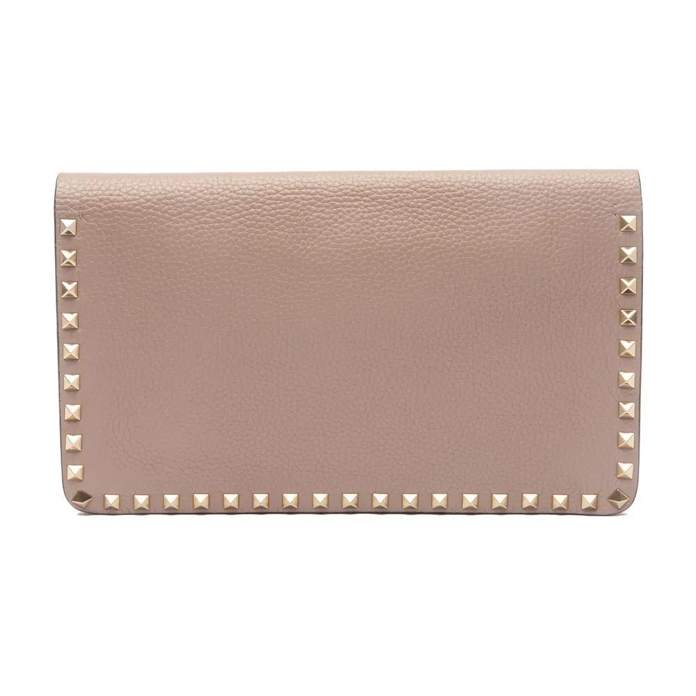 Valentino Poudre Beige Grainy Calfskin Leather Rockstud Clutch Bag