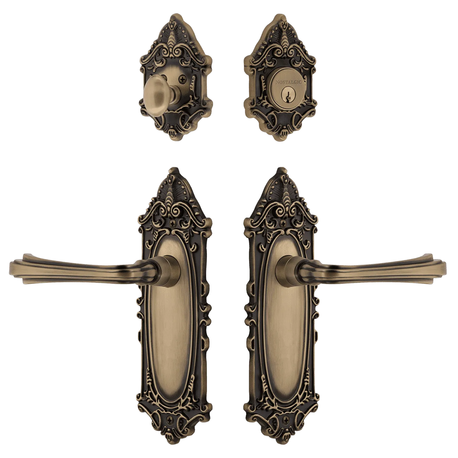 Victorian Entry Set with Fleur Lever in Antique Brass