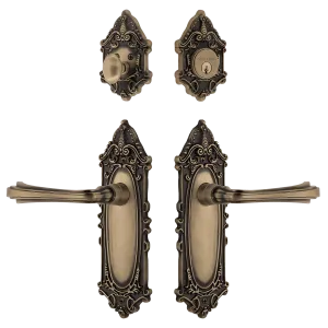 Victorian Entry Set with Fleur Lever in Antique Brass