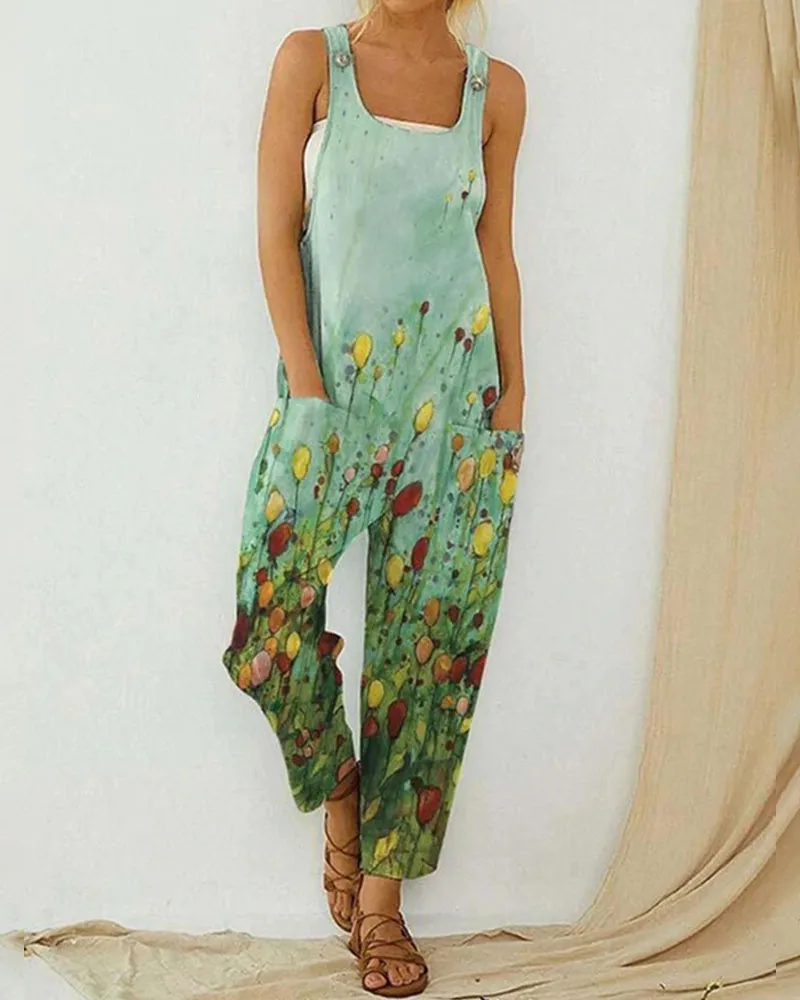 Vintage Abstract Print Bib Jumpsuit