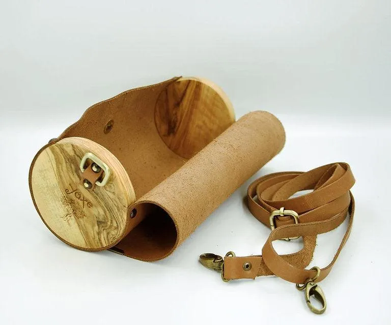 Whisky brown cylinder leather and wood women bag
