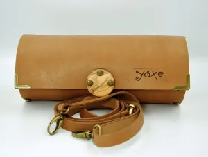 Whisky brown cylinder leather and wood women bag