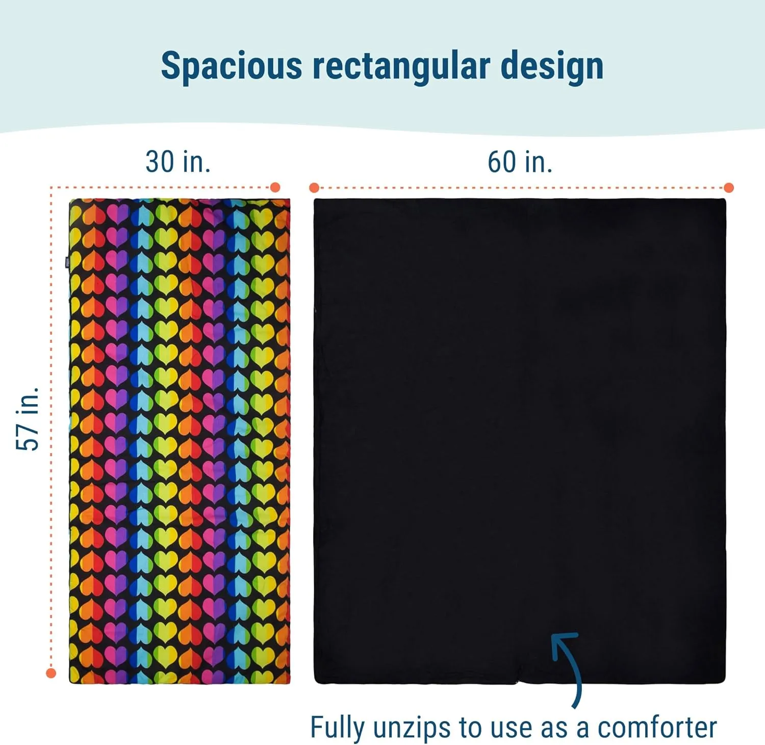 Wildkin Kids Sleeping Bags for Boys and Girls, Measures 66 x 30 x 1.5" Rainbow Hearts